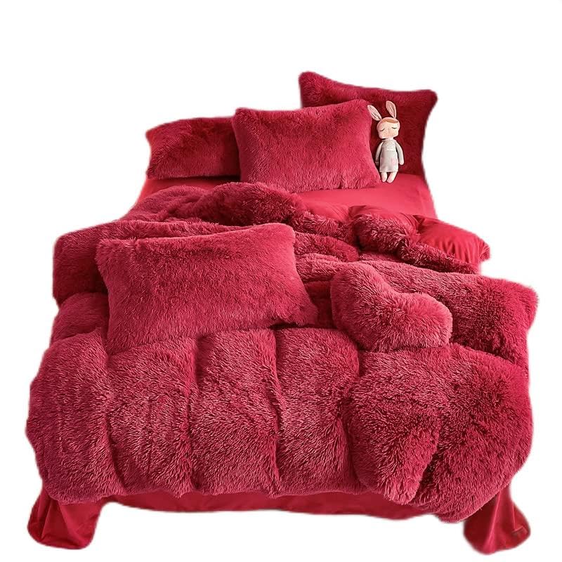 Chovy Faux Fur Plush Dark Red Comforter Sets Queen - Ultra Soft Shaggy Flannel Velvet Fluffy Fuzzy 3Pc Bedding Set (Comforter X